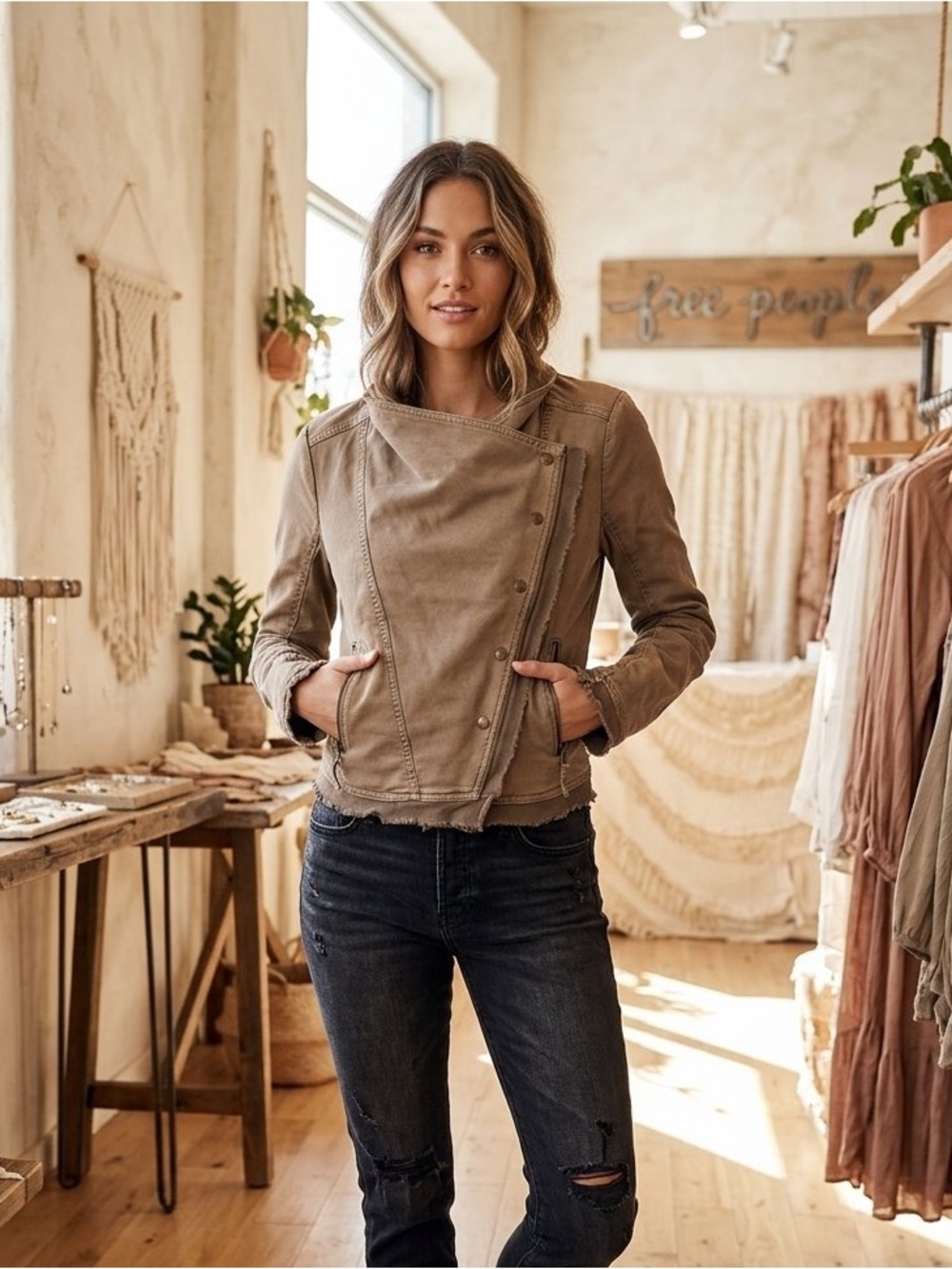 FREE PEOPLE Collapsing Twill Moto Jacket, Taupe, EUC